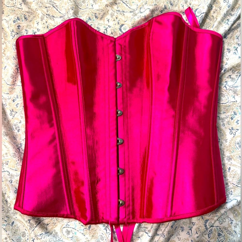 Satin Magenta pink Sexy Strong Boned Corset Lace Up Waist Bustier 34DDD XL